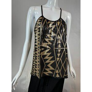 Sequined Geometric Black & Gold Tyche Halter Top Large